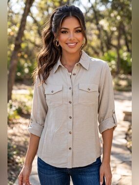 🌟W022. Stylish Classic Button Front Sage Top